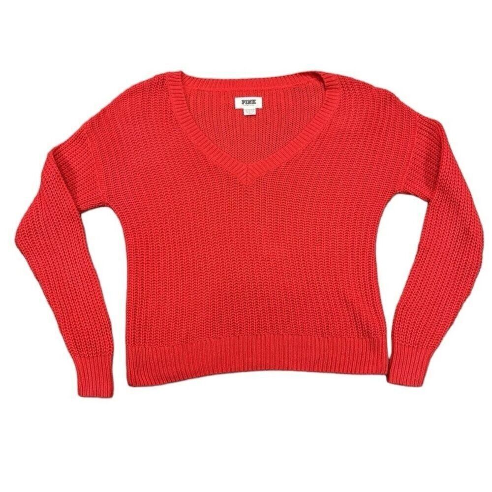 VS PINK Deep V Neck Sweater Red Size XS Cotton Oversized Chunky Knit